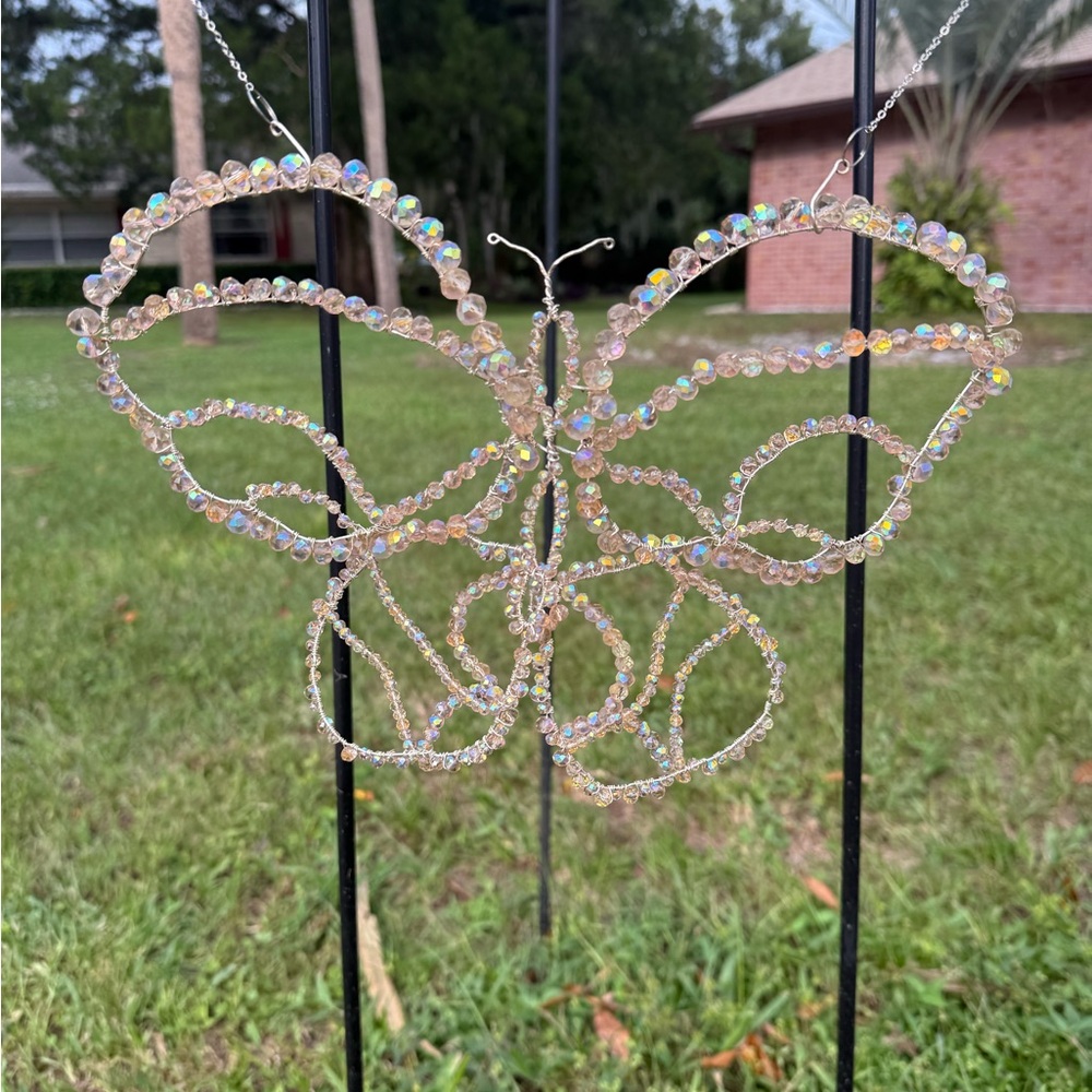 Beaded Crystal Butterfly Hanging Accent - Clear Pink Iridescent